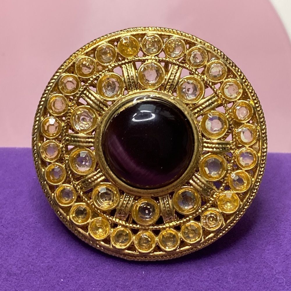 💛 Classic Gold Plated Purple & Clear Crystal Statement Ring